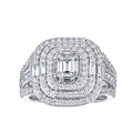 Diamond Emerald Shaped Cluster With Double Halo and Wide Shank Engagement Ring