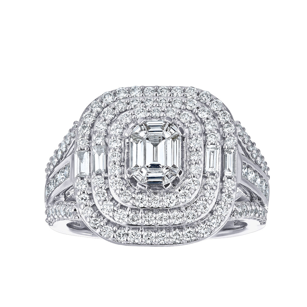 Diamond Emerald Shaped Cluster With Double Halo and Wide Shank Engagement Ring