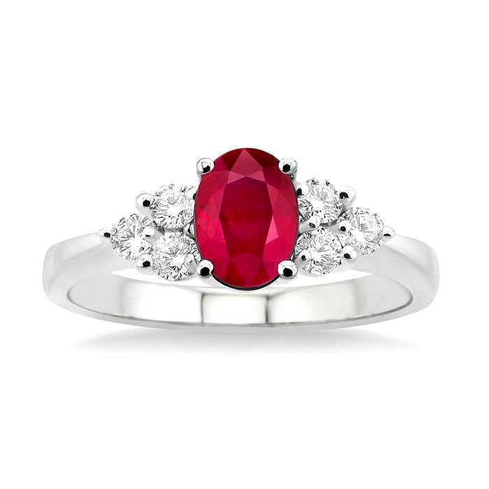 7x5mm Oval Cut Ruby and 1/3 Ctw Round Cut Diamond Ring in 14K White Gold