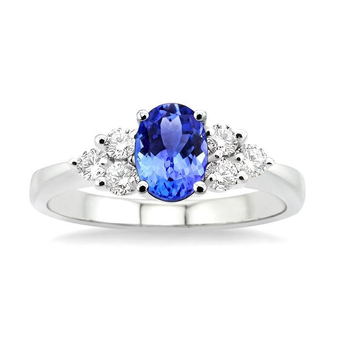 7X5 MM Oval Cut Tanzanite and 1/3 Ctw Round Cut Diamond Ring in 14K White Gold