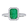 Diamond Halo Surrounding Classic Emerald Cut Genuine Emerald Ring