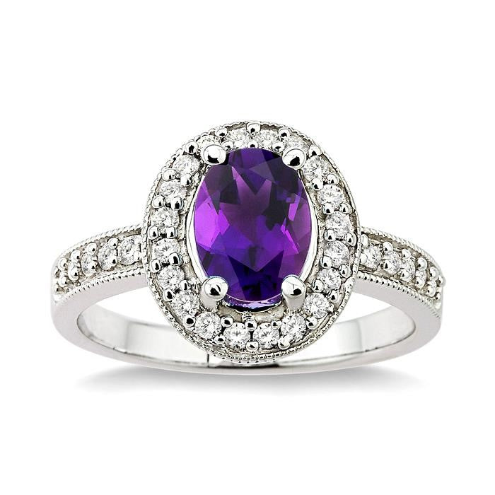 8x6 MM Oval Cut Amethyst and 1/3 Ctw Round Cut Diamond Ring in 14K White Gold