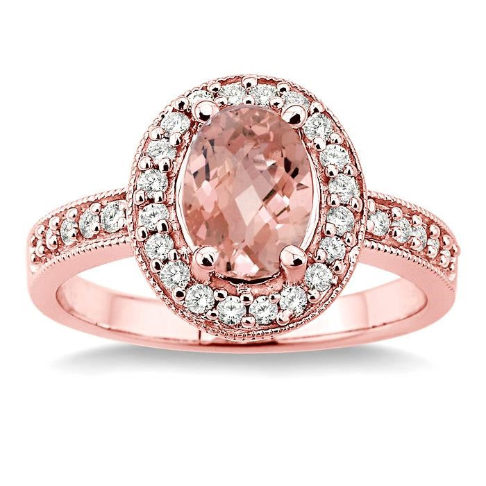 8x6mm Oval Cut Morganite and 1/3 Ctw Round Cut Diamond Ring in 14K Rose Gold
