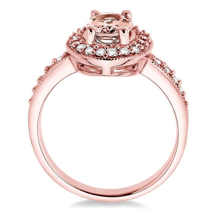 8x6mm Oval Cut Morganite and 1/3 Ctw Round Cut Diamond Ring in 14K Rose Gold