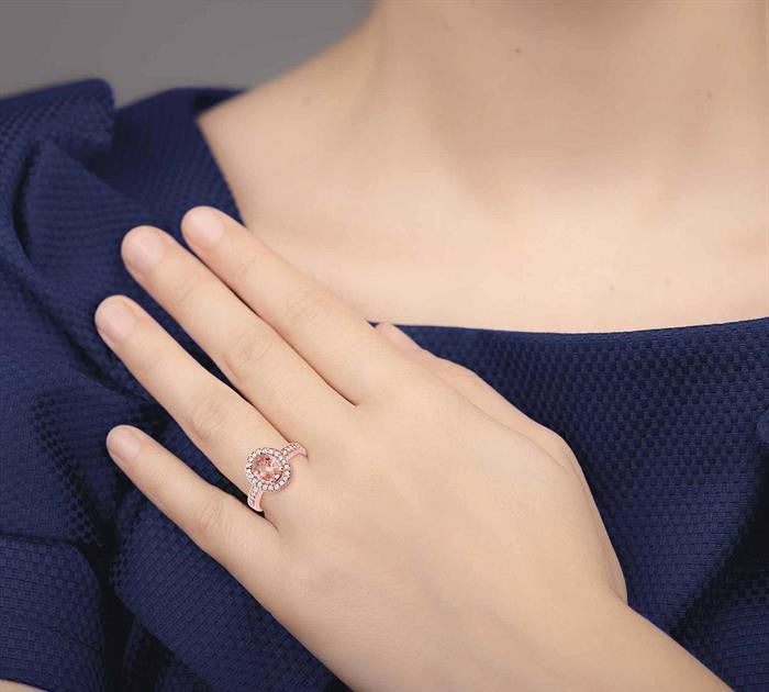 8x6mm Oval Cut Morganite and 1/3 Ctw Round Cut Diamond Ring in 14K Rose Gold
