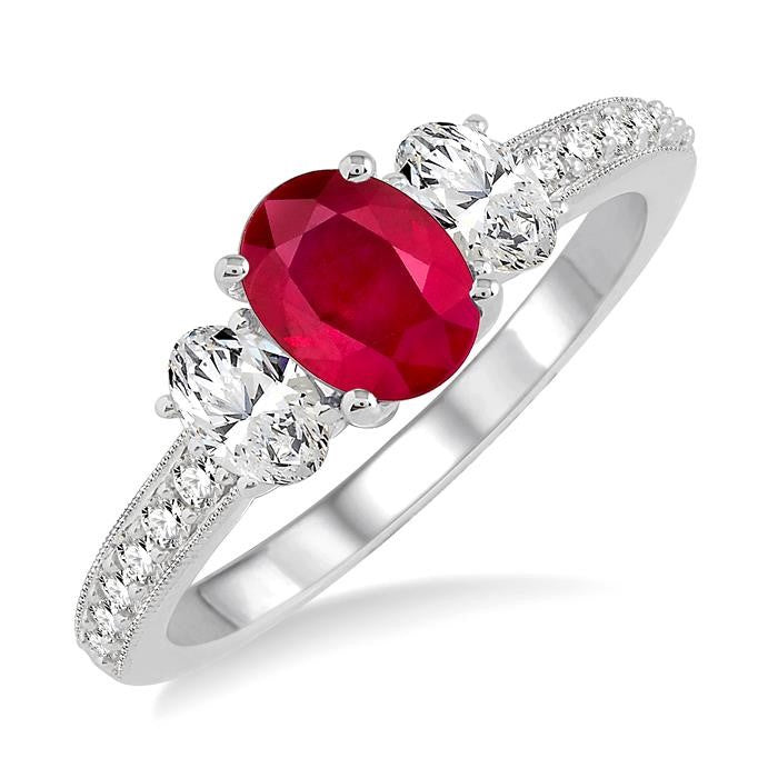 7x5 MM Oval Shape Ruby and 3/4 Ctw Round Cut Diamond Precious Ring in 14K White Gold
