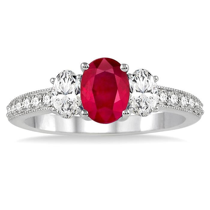 7x5 MM Oval Shape Ruby and 3/4 Ctw Round Cut Diamond Precious Ring in 14K White Gold
