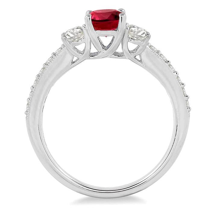 7x5 MM Oval Shape Ruby and 3/4 Ctw Round Cut Diamond Precious Ring in 14K White Gold