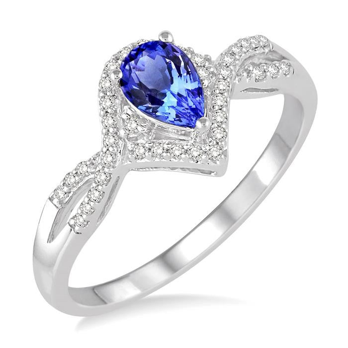 6x4 MM Pear Shape Tanzanite and 1/6 Ctw Round Cut Diamond Ring in 14K White Gold