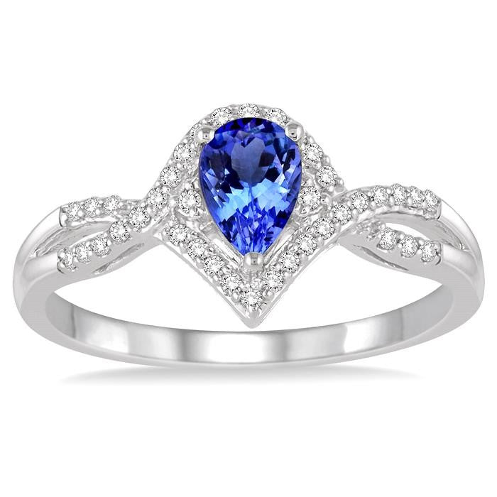 6x4 MM Pear Shape Tanzanite and 1/6 Ctw Round Cut Diamond Ring in 14K White Gold