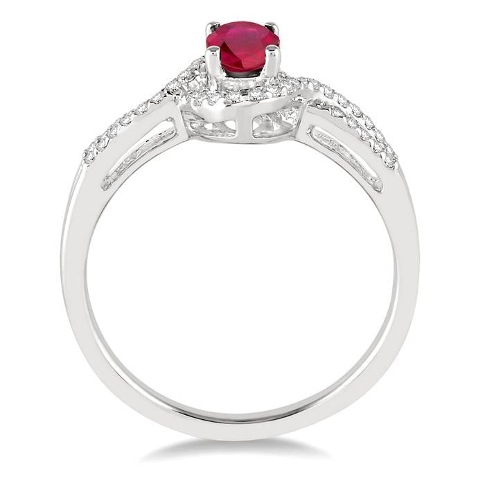 6x4 MM Oval Cut Ruby and 1/6 Ctw Round Cut Diamond Ring in 14K White Gold