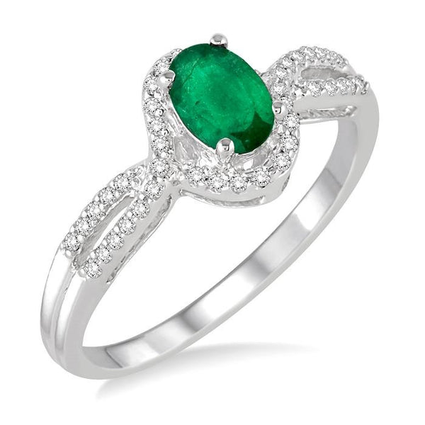 6x4 MM Oval Cut Emerald and 1/6 Ctw Round Cut Diamond Ring in 10K White Gold