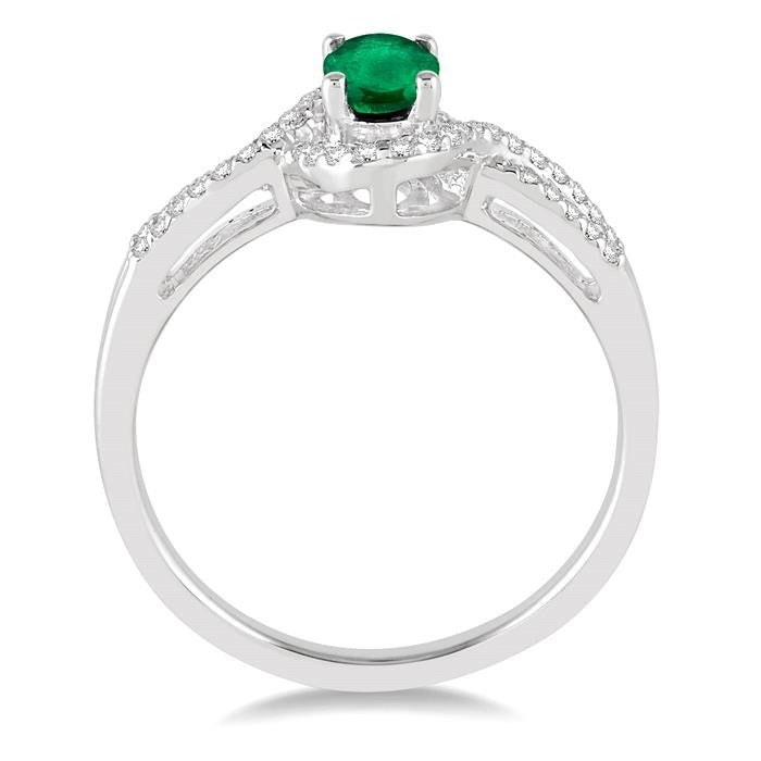 6x4 MM Oval Cut Emerald and 1/6 Ctw Round Cut Diamond Ring in 10K White Gold