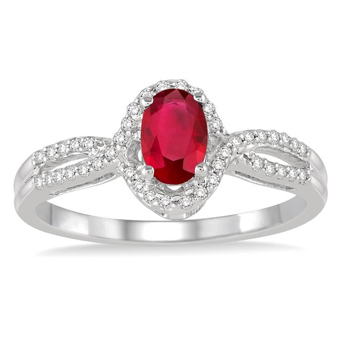 6x4 MM Oval Cut Ruby and 1/6 Ctw Round Cut Diamond Ring in 10K White Gold