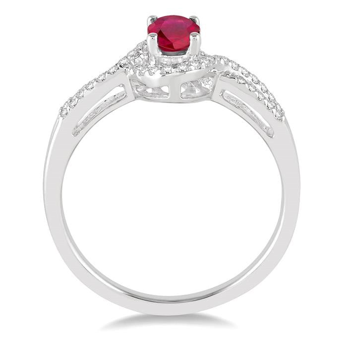 6x4 MM Oval Cut Ruby and 1/6 Ctw Round Cut Diamond Ring in 10K White Gold