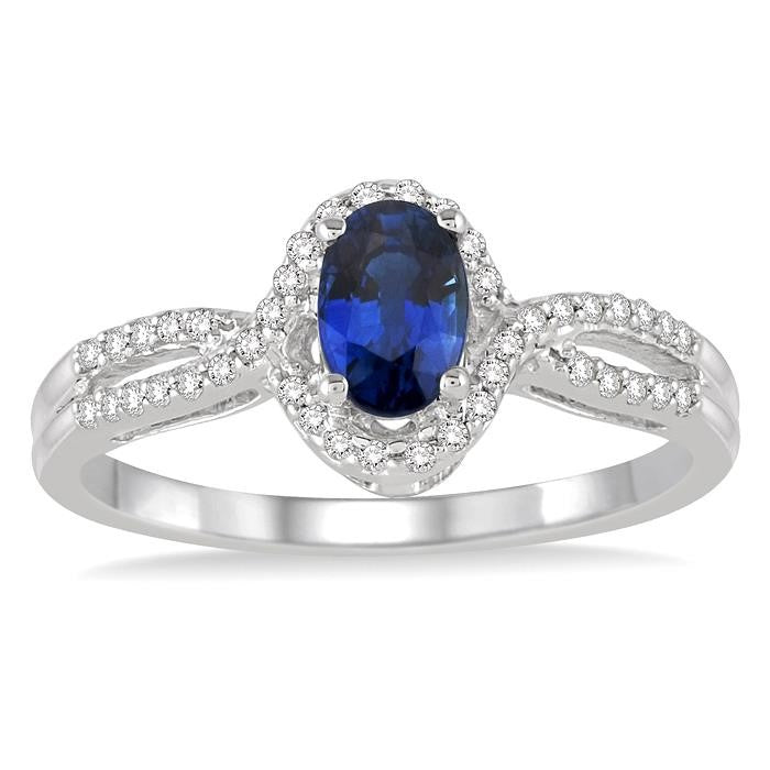 6x4 MM Oval Cut Sapphire and 1/6 Ctw Round Cut Diamond Ring in 10K White Gold