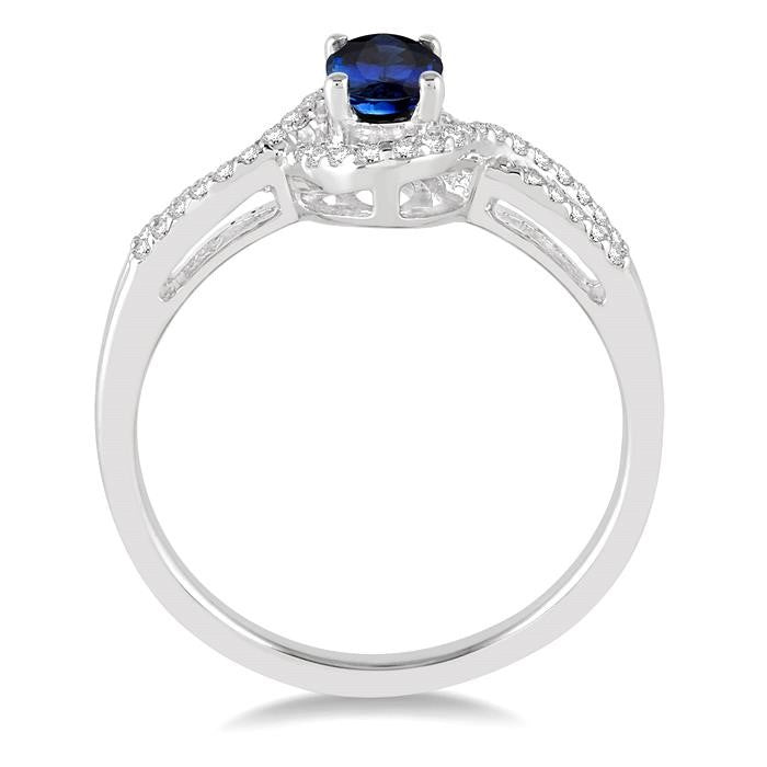 6x4 MM Oval Cut Sapphire and 1/6 Ctw Round Cut Diamond Ring in 10K White Gold