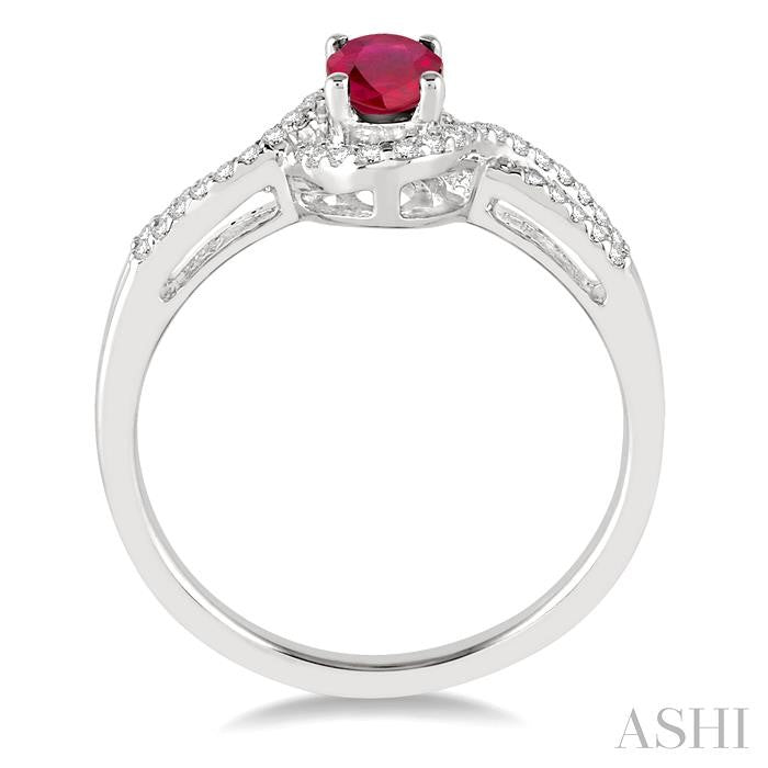 6x4 MM Oval Cut Ruby and 1/6 Ctw Round Cut Diamond Ring in 14K White Gold