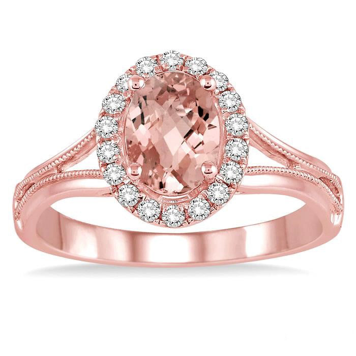 7x5 MM Oval Shape Morganite and 1/6 Ctw Round Cut Diamond Ring in 14K Rose Gold
