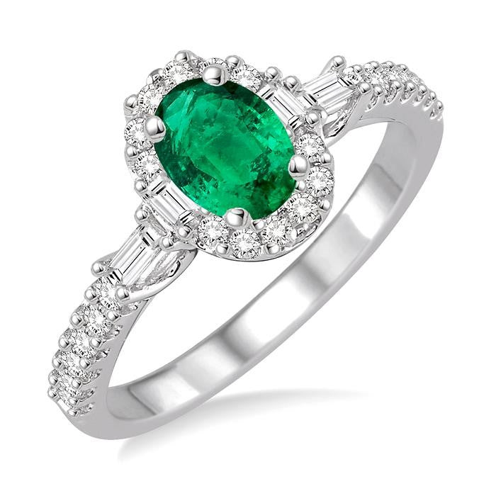 6x4 MM Oval Shape Emerald and 3/8 Ctw Diamond Precious Ring in 14K White Gold