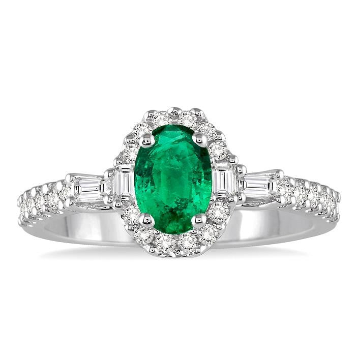 6x4 MM Oval Shape Emerald and 3/8 Ctw Diamond Precious Ring in 14K White Gold