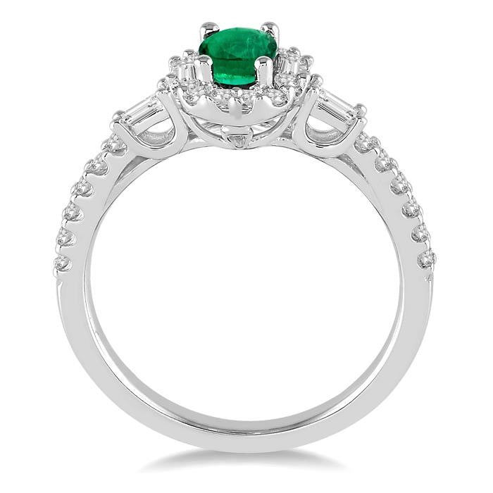 6x4 MM Oval Shape Emerald and 3/8 Ctw Diamond Precious Ring in 14K White Gold