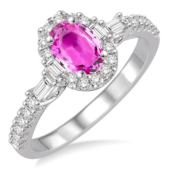 6x4 MM Oval Shape Pink Sapphire and 3/8 Ctw Diamond Precious Ring in 14K White Gold