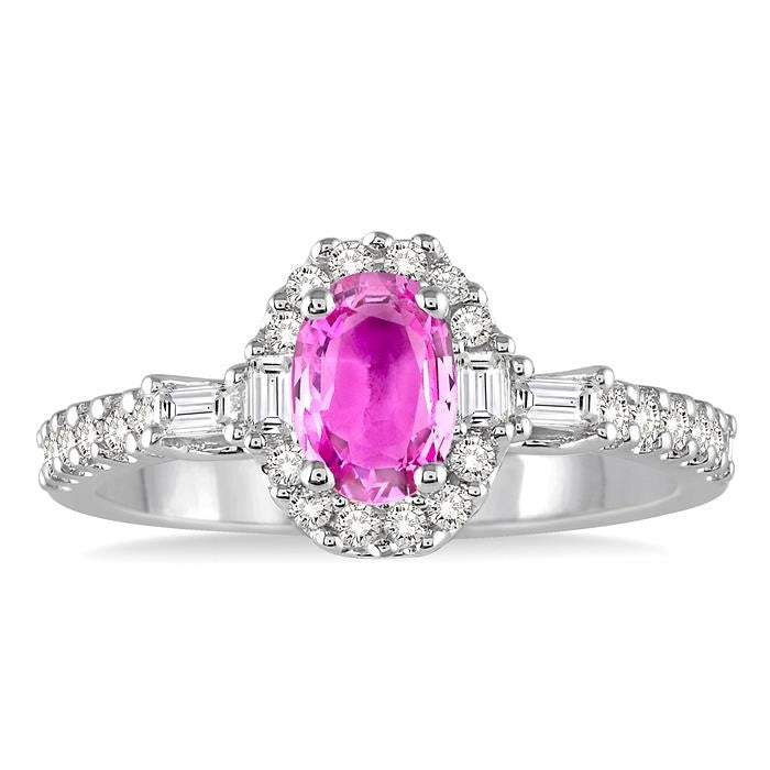 6x4 MM Oval Shape Pink Sapphire and 3/8 Ctw Diamond Precious Ring in 14K White Gold