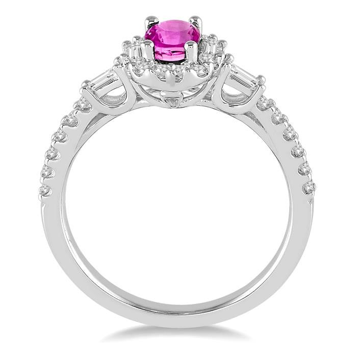 6x4 MM Oval Shape Pink Sapphire and 3/8 Ctw Diamond Precious Ring in 14K White Gold
