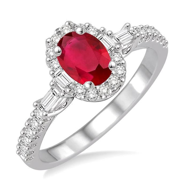 6x4 MM Oval Shape Ruby and 3/8 Ctw Diamond Precious Ring in 14K White Gold