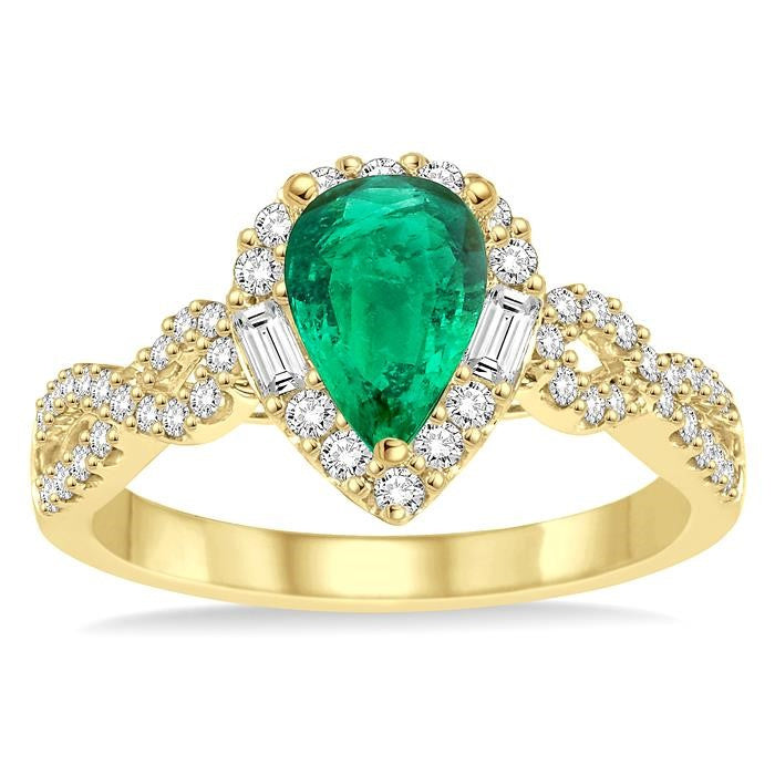 7x5 MM Pear Shape Emerald and 1/2 Ctw Diamond Precious Ring in 14K Yellow Gold