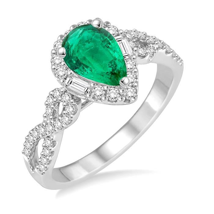 7X5 MM Pear Shape Emerald and 1/2 Ctw Diamond Precious Ring in 14K White Gold