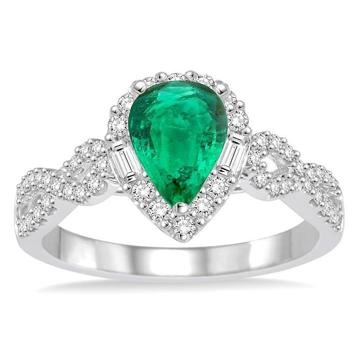 7X5 MM Pear Shape Emerald and 1/2 Ctw Diamond Precious Ring in 14K White Gold