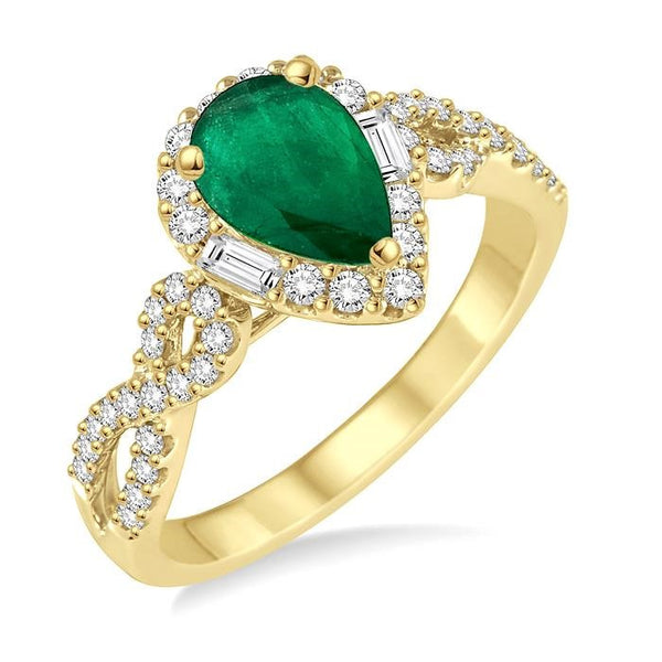 7x5 MM Pear Shape Emerald and 1/2 Ctw Diamond Precious Ring in 14K Yellow Gold