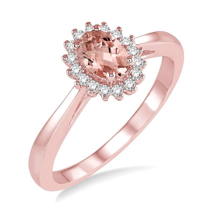 6X4 MM Oval Cut Morganite Center and 1/8 Ctw Round Cut Diamond Halo Precious Stone Ring in 10K Rose Gold