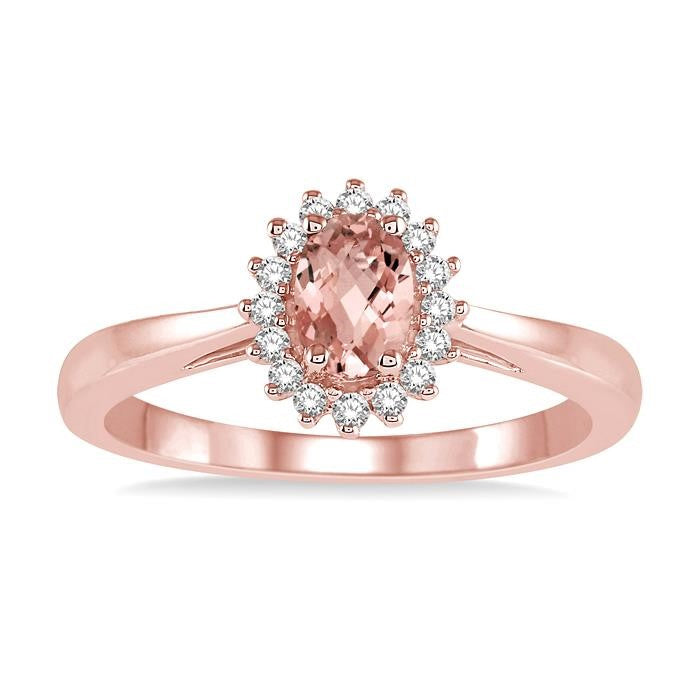 6X4 MM Oval Cut Morganite Center and 1/8 Ctw Round Cut Diamond Halo Precious Stone Ring in 10K Rose Gold