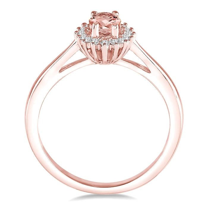 6X4 MM Oval Cut Morganite Center and 1/8 Ctw Round Cut Diamond Halo Precious Stone Ring in 10K Rose Gold