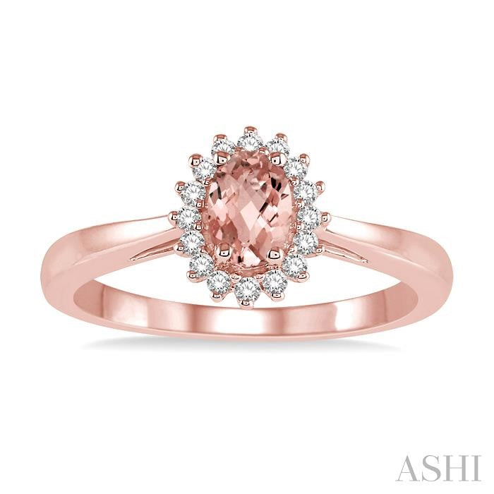 6X4 MM Oval Cut Morganite Center and 1/8 Ctw Round Cut Diamond Halo Precious Stone Ring in 10K Rose Gold