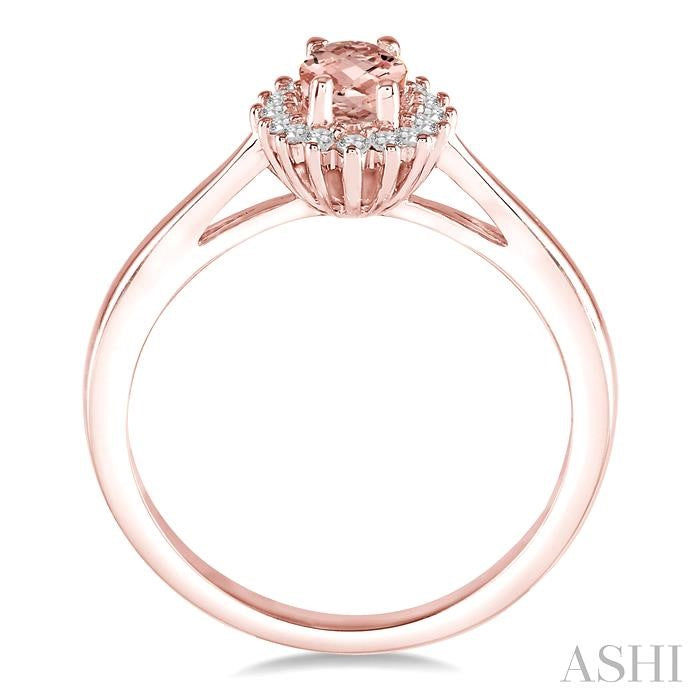 6X4 MM Oval Cut Morganite Center and 1/8 Ctw Round Cut Diamond Halo Precious Stone Ring in 10K Rose Gold