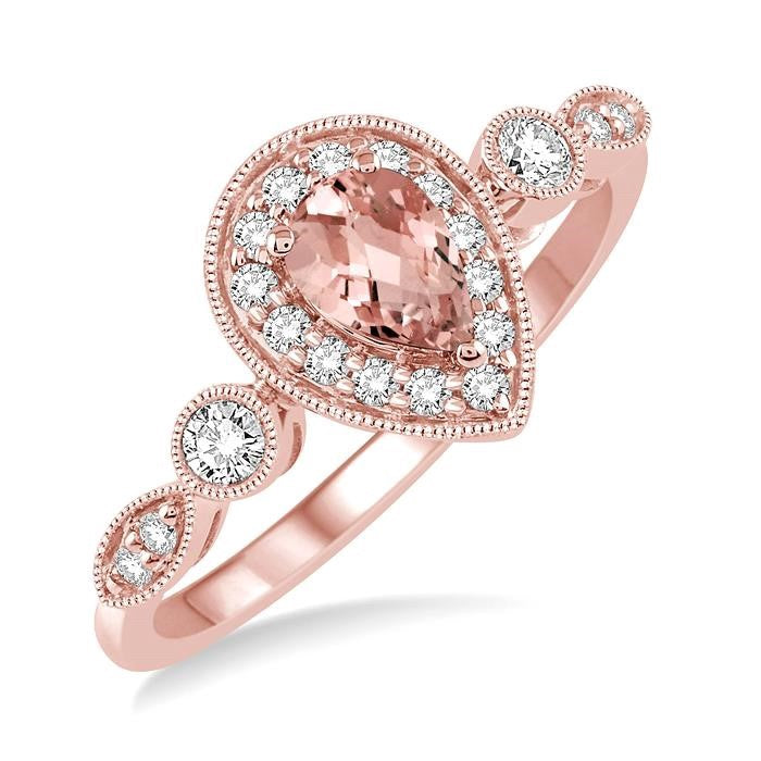 6X4 MM Pear shape Morganite Center and 1/4 Ctw Round Cut Diamond Ring in 14K Rose Gold