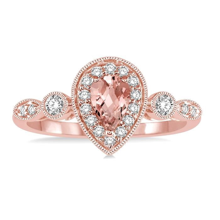 6X4 MM Pear shape Morganite Center and 1/4 Ctw Round Cut Diamond Ring in 14K Rose Gold