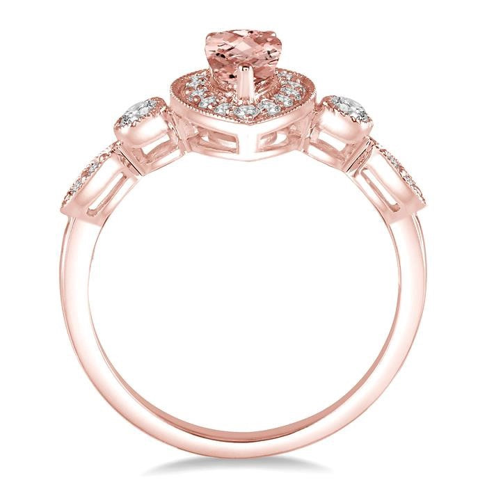 6X4 MM Pear shape Morganite Center and 1/4 Ctw Round Cut Diamond Ring in 14K Rose Gold