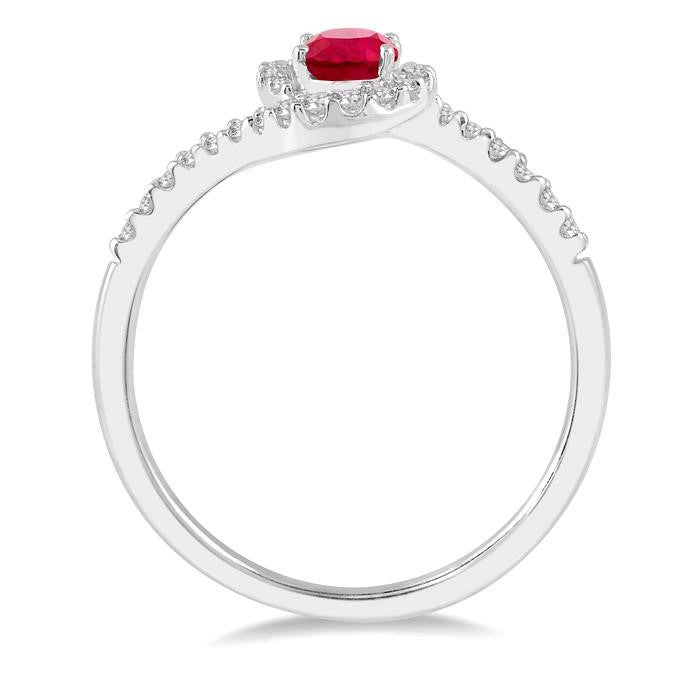 6x4 MM Embraced Oval Shape Ruby and 1/5 Ctw Round Cut Diamond Precious Ring in 10K White Gold