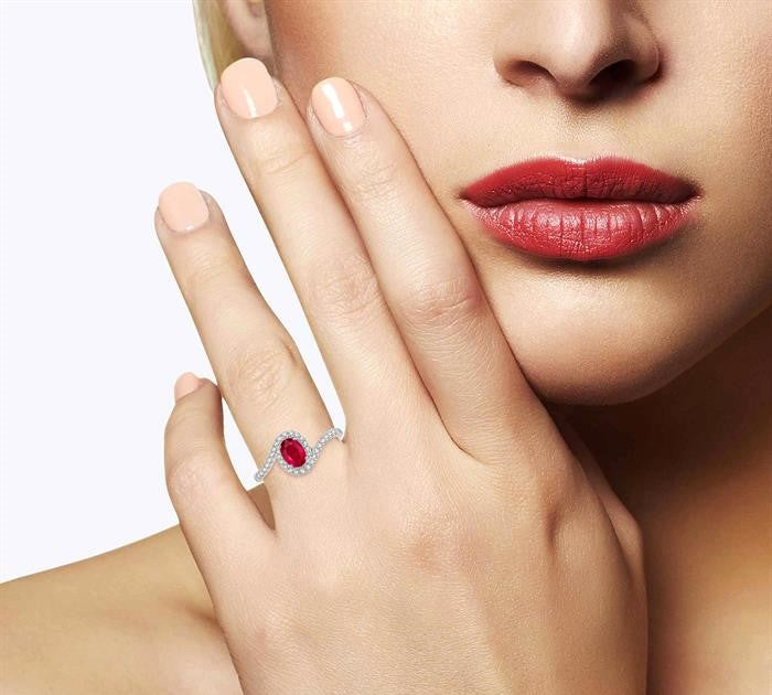 6x4 MM Embraced Oval Shape Ruby and 1/5 Ctw Round Cut Diamond Precious Ring in 10K White Gold