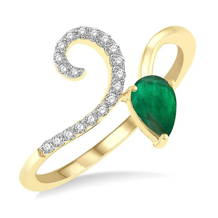 6x4 MM Pear Shape Emerald and 1/10 Ctw Round Cut Diamond Precious Ring in 10K Yellow Gold