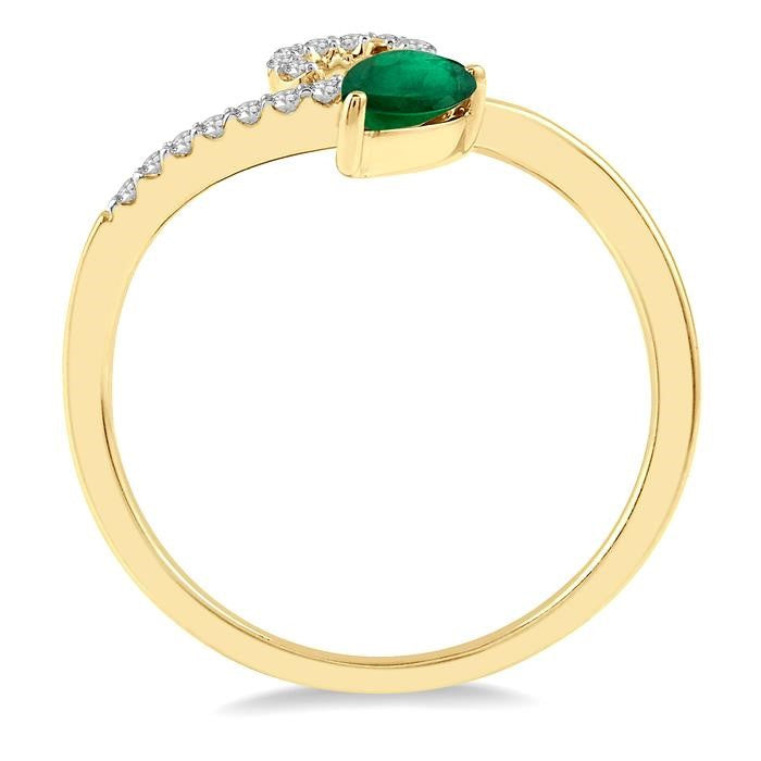 6x4 MM Pear Shape Emerald and 1/10 Ctw Round Cut Diamond Precious Ring in 10K Yellow Gold