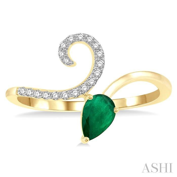 6x4 MM Pear Shape Emerald and 1/10 Ctw Round Cut Diamond Precious Ring in 10K Yellow Gold