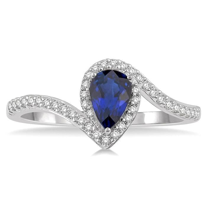 6x4 MM Pear Shape Sapphire and 1/5 Ctw Round Cut Diamond Precious Ring in 10K White Gold