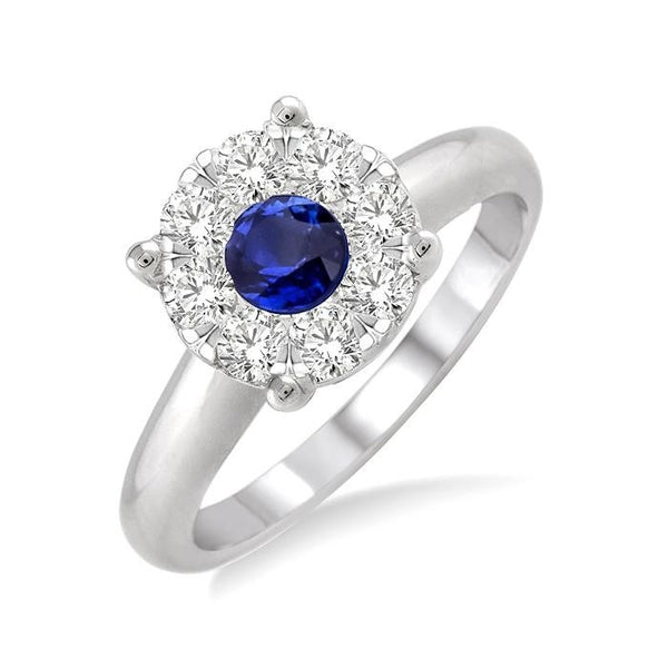 3.8 MM Round Cut Sapphire and 1/3 Ctw Shine Bright Diamond Precious Ring in 14K White Gold
