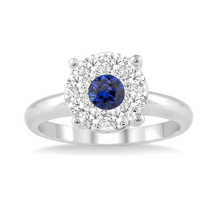 3.8 MM Round Cut Sapphire and 1/3 Ctw Shine Bright Diamond Precious Ring in 14K White Gold